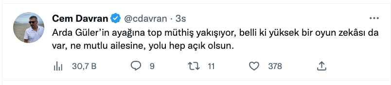 cem davran dan arda guler ile ilgili dikkat ceken yorum yolu acik olsun